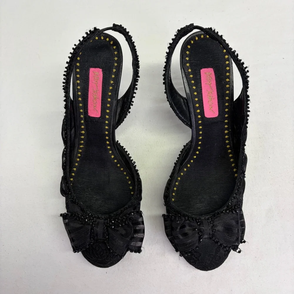 Y2K Betsey Johnson Black Lace Bow Slingback Heels 8.5M Beaded Whimsigoth Rare
